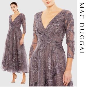 Mac Duggal - Aubergine Embellished Wrap Over 3/4 Sleeve Dress Size 18